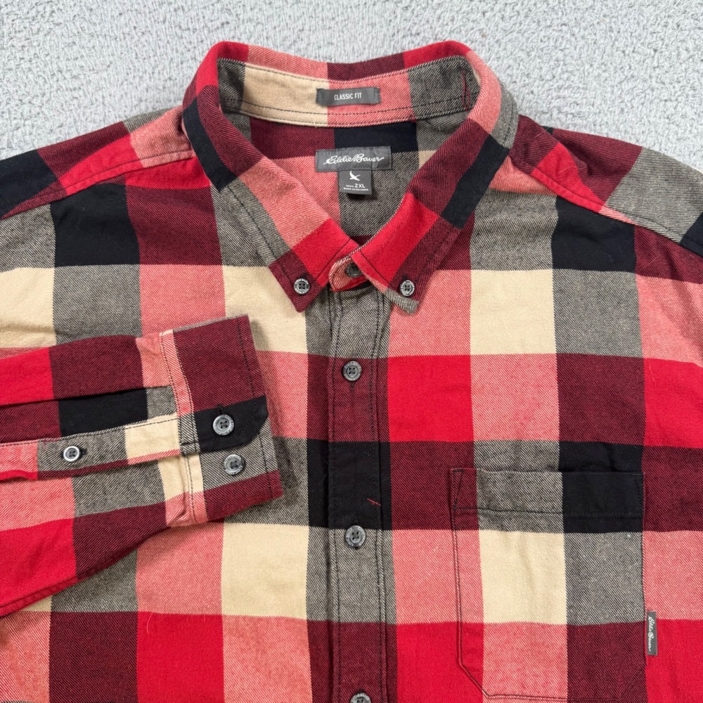 Eddie Bauer Mens Flannel Shirt Classic Fit Red Black Tan Plaid Long Sleeve 2XL